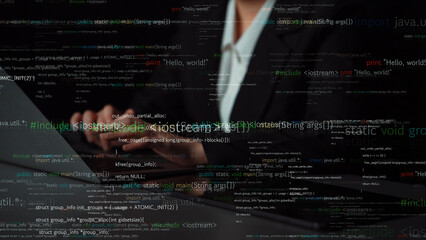 A focused programmer types on a laptop, immersed in a world of digital coding elements and programming scripts, capturing the essence of modern software development. Xenic