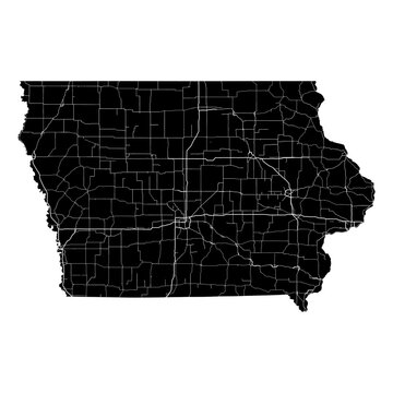 Iowa State Map Road Network Vector SVG Black Silhouette White Highway Lines Transparent Background Isolated Minimalist Cartography