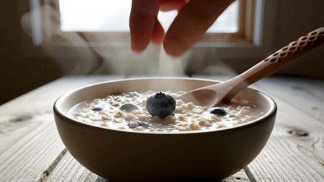 Hand Places Blueberry Into Bowl of Oatmeal on Wooden Table