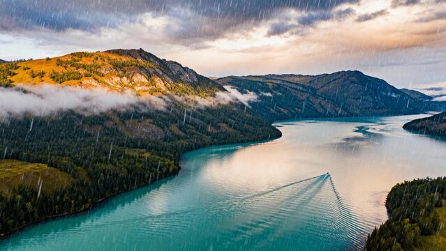 Aerial view of a turquoise lake surrounded by forested mountains during rainfall with mist covering the valleys - Powered by Adobe