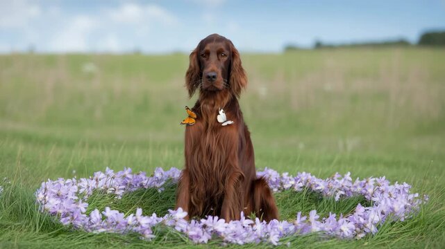 Graceful irish red setter walking in misty morning countryside