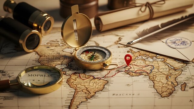 Vintage world map with brass compass, magnifying glass, and navigation tools for travel, history, and adventure concept.