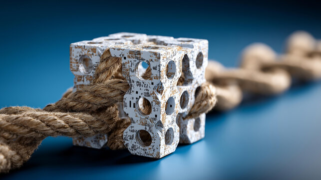 Cube tied to string symbolizing connection and structure in context of crypto staking roadmap chart, tethered investment, with copy space