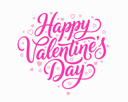 Romantic Happy Valentine's Day Pink Script Lettering with Love Hearts Design