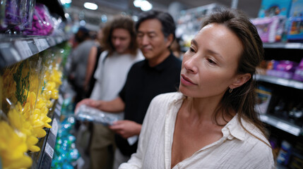 Obraz premium A woman examines vibrant products in a store aisle, surrounded by shoppers, highlighting the excitement of contemporary shopping experiences and consumer culture.