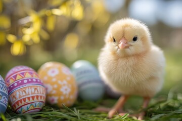 Closeup fluffy chick beside patterned eggs on moss, soft focus background, delicate feather detail, pastel palette, tender spring mood, studio quality natural light