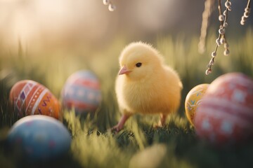 Chick walks through grass, Warm evening scene with delicate dust particles, Young bird wanders through lengthy grass illuminated by warm sunset light and gentle dust motes