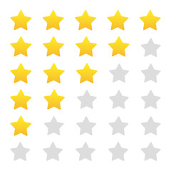 Five stars rating icon. Customer review and feedback symbol with gold and grey stars. Star rating set for apps, websites, products, and services. Vector illustration