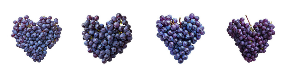 Fototapeta premium Four bunches of ripe purple grapes are displayed in a row ideal for graphic design on transparent background