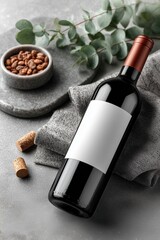 Luxurious wine bottle mockup, winery label blank preview, commercial scene with wine bottle and fruits