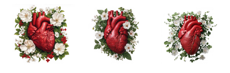 Three anatomical hearts adorned with lush white and red flowers a striking botanical illustration on transparent background