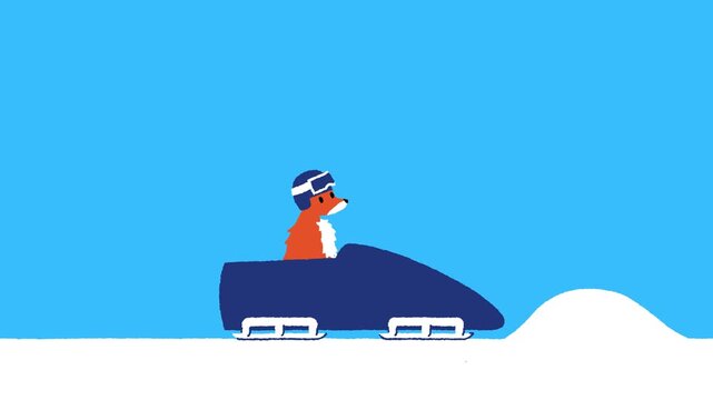 Horizontal 4K video. Cartoon loop animation. Fox with helmet jumps into blue bobsled and rides down from white snow hill. Athlete won. Concept of winter extreme sports competition, bobsleigh, win