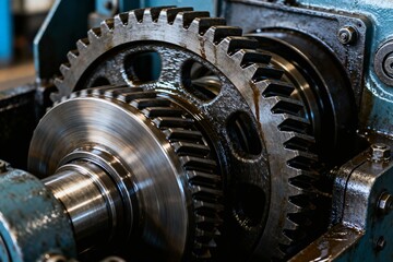 Close-up of interlocking metal gears in industrial machinery