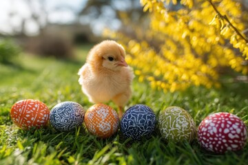 Small yellow chick stepping over eggs, sunlit background, dynamic pose, handcrafted ornamentation, joyful spring exploration, natural textures, outdoor celebration mood