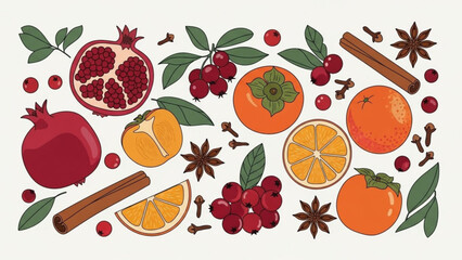A vibrant arrangement of oranges pomegranates cranberries cinnamon sticks star anise on white background for culinary festive with fruits