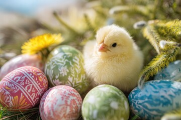 Calm springtime nest display, Peaceful scene with chick and eggs adornment, Tranquil depiction of chick amidst springtime decorative eggs and delicate willow accents