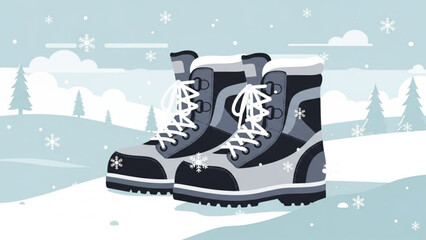 A pair of black and gray snow boots with white laces standing on snowy ground with snowflakes falling around them in a winter with ice