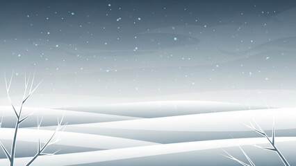 Snowy landscape with bare trees and rolling hills under a dark blue sky with snowflakes with winter scene and serene and cold with snowfall