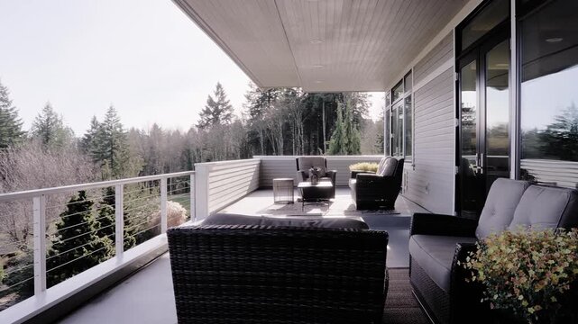 Luxury patio outdoor living space in new construction home, slow motion