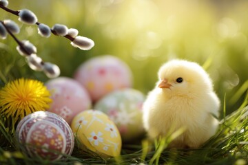 Sunshinelit chick amidst pastel eggs with bokeh and grass textures, Cheerful seasonal image featuring sunny chick among colorful eggs and soft grassy backgrounds