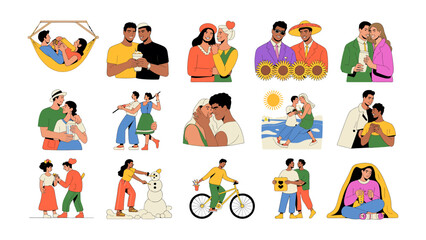 Fototapeta premium Diverse depictions of love and affection showcase couples of different backgrounds and genders engaged in various activities, each image a vibrant portrayal of the human heart.