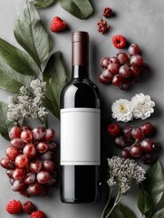 Luxurious wine bottle mockup, winery label blank preview, commercial scene with wine bottle and fruits
