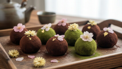 Close-up of chocolate truffles arranged on a tray, soft lighting emphasizing textures and romantic Valentine&rsquo;s Day mood.