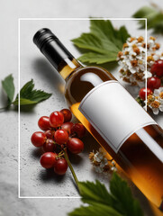 Luxurious wine bottle mockup, winery label blank preview, commercial scene with wine bottle and fruits