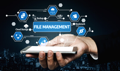 A hand holding a smartphone showcases file management concepts, including cloud storage and backup, against a modern cityscape backdrop. Ideal for tech and business themes. Tessel