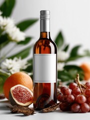 Luxurious wine bottle mockup, winery label blank preview, commercial scene with wine bottle and fruits