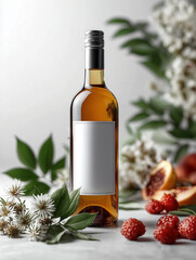 Luxurious wine bottle mockup, winery label blank preview, commercial scene with wine bottle and fruits