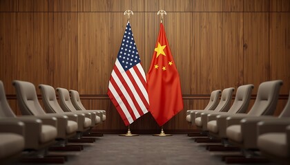 US and China flags in meeting room with empty chairs