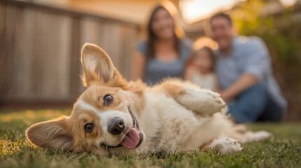 Happy corgi dog lying on its back in green grass, enjoying playtime outdoors with a blurred family visible in the background, signifying pet ownership and joyful family life