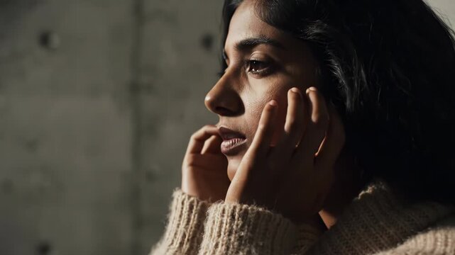 A side profile captures a young woman's face with a tear rolling down her cheek