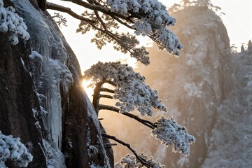 Snow-covered pine branches and icy cliffs illuminated by sunrise in a mountainous winter landscape