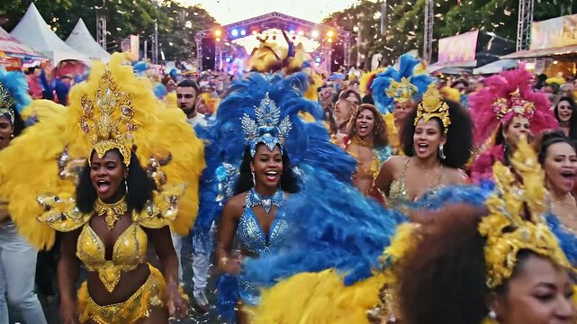 Vibrant Carnival Parade with Dancers in Elaborate Feathered Costumes Celebrating Joyfully