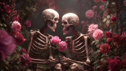 Romantic Skeleton Couple Holding Roses in Dark Fantasy Garden with Gothic Atmosphere