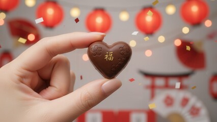 Close-up of hands holding a small heart-shaped Japanese chocolate, soft lighting emphasizing textures and cozy Valentine&rsquo;s atmosphere.