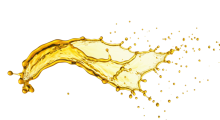High viscosity golden yellow liquid, amber to bright highlights, mid-splash in zero gravity, dramatic lighting, against a transparent background, concept for premium food product advertising