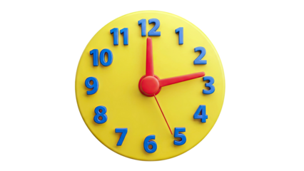 Yellow clock with blue numbers and red hands