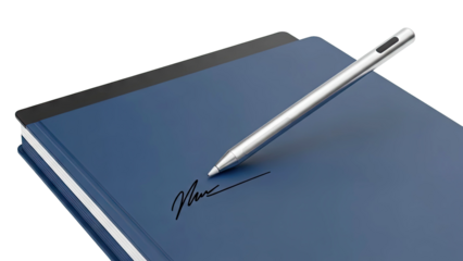 Stylus Pen on Blue Notebook with Signature
