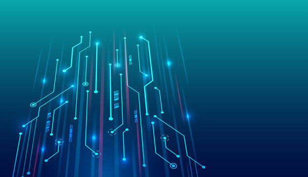 Abstract digital circuit background with glowing blue lines and nodes on a gradient backdrop, representing data flow, connectivity, electronics, and modern high-tech innovation.
