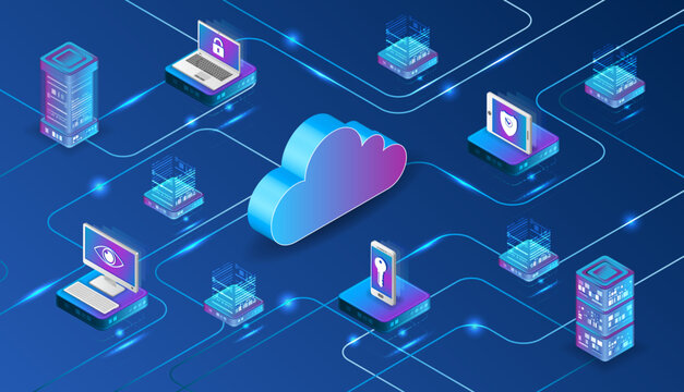 Isometric cloud computing illustration showing connected servers, laptops, smartphones, and security icons, representing data storage, cybersecurity, networking, and modern IT infrastructure.