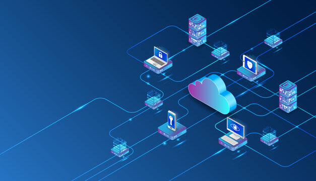 Isometric cloud computing and cybersecurity illustration with connected servers, laptops, mobile devices, and data centers, visualizing secure data exchange, networking, and modern IT infrastructure.