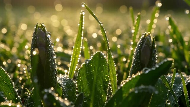 Spiderweb Jewels Focus on a delicate spiderweb intricately covered in tiny, glistening dew droplets, catching the light. spring dew sparkle