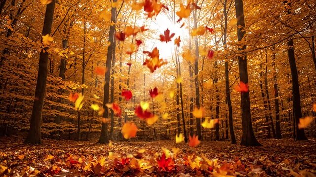 Sun-Dappled Forest Ground A perspective from the forest floor, showing fallen leaves and new ones descending into patches of sunlight. autumn falling leaves