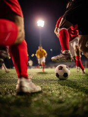 Obraz premium The dynamic moment when players dribble the ball under the illumination of the stadium lights on the football field
