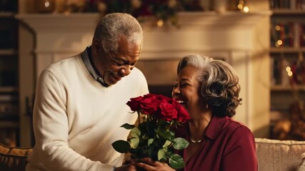 Heartwarming moment of elderly couple exchanging roses in cozy fireplace setting