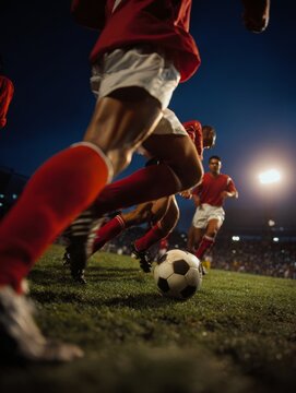 The dynamic moment when players dribble the ball under the illumination of the stadium lights on the football field