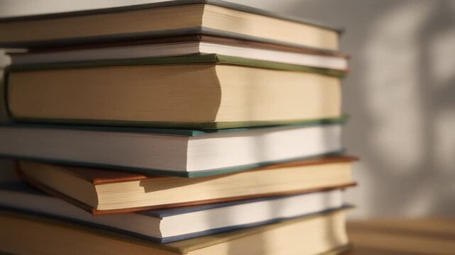 A stack of books on a wooden table with soft shadows cast on a white wall